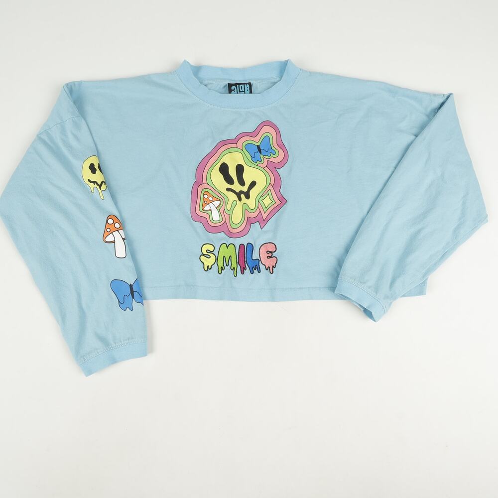 A.LAB Womens Small Zumiez Gayle Smile Drippy Blue Long Sleeve Crop T-Shirt Top